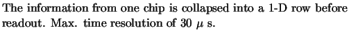 $\textstyle \parbox{11cm}{The information from
one chip is collapsed into a 1-D row before readout. Max. time
resolution of 30 $\mu$ s.}$